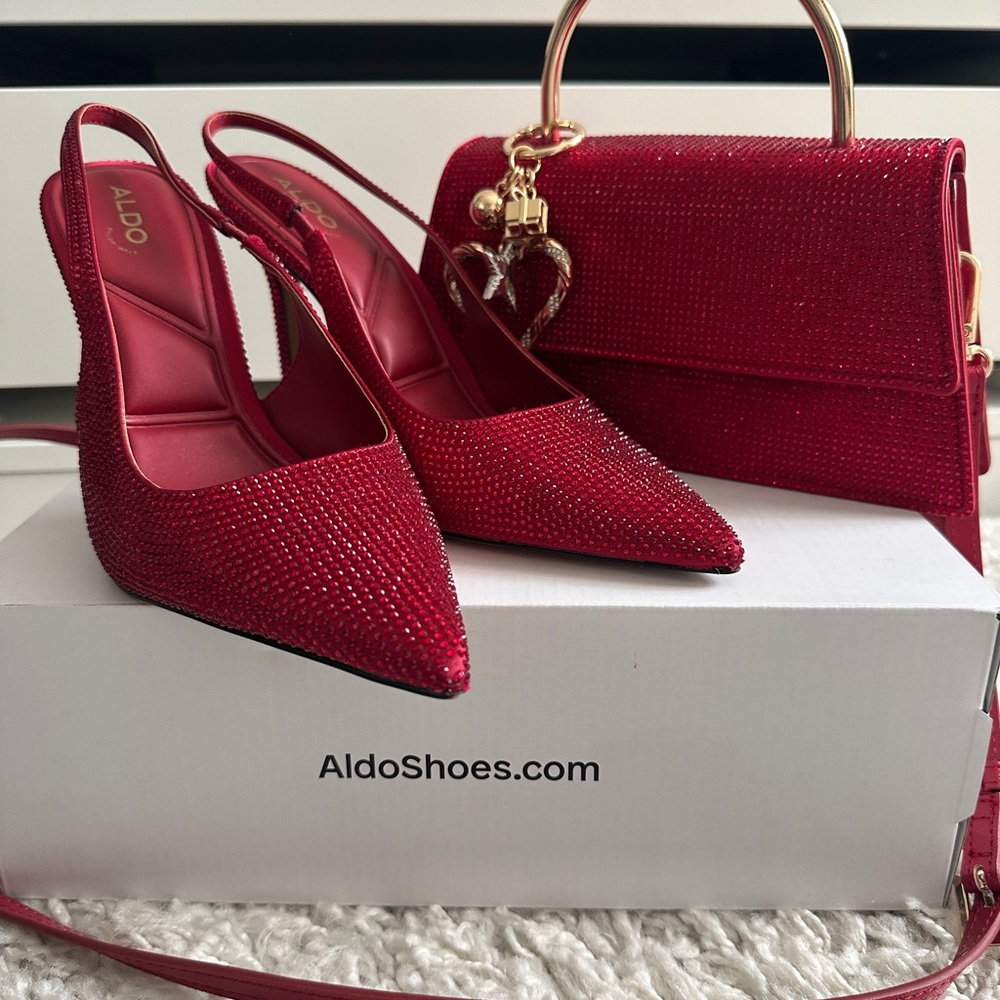 Aldo Red Crystal-Embellished Slingback Stiletto Heels & matching purse.